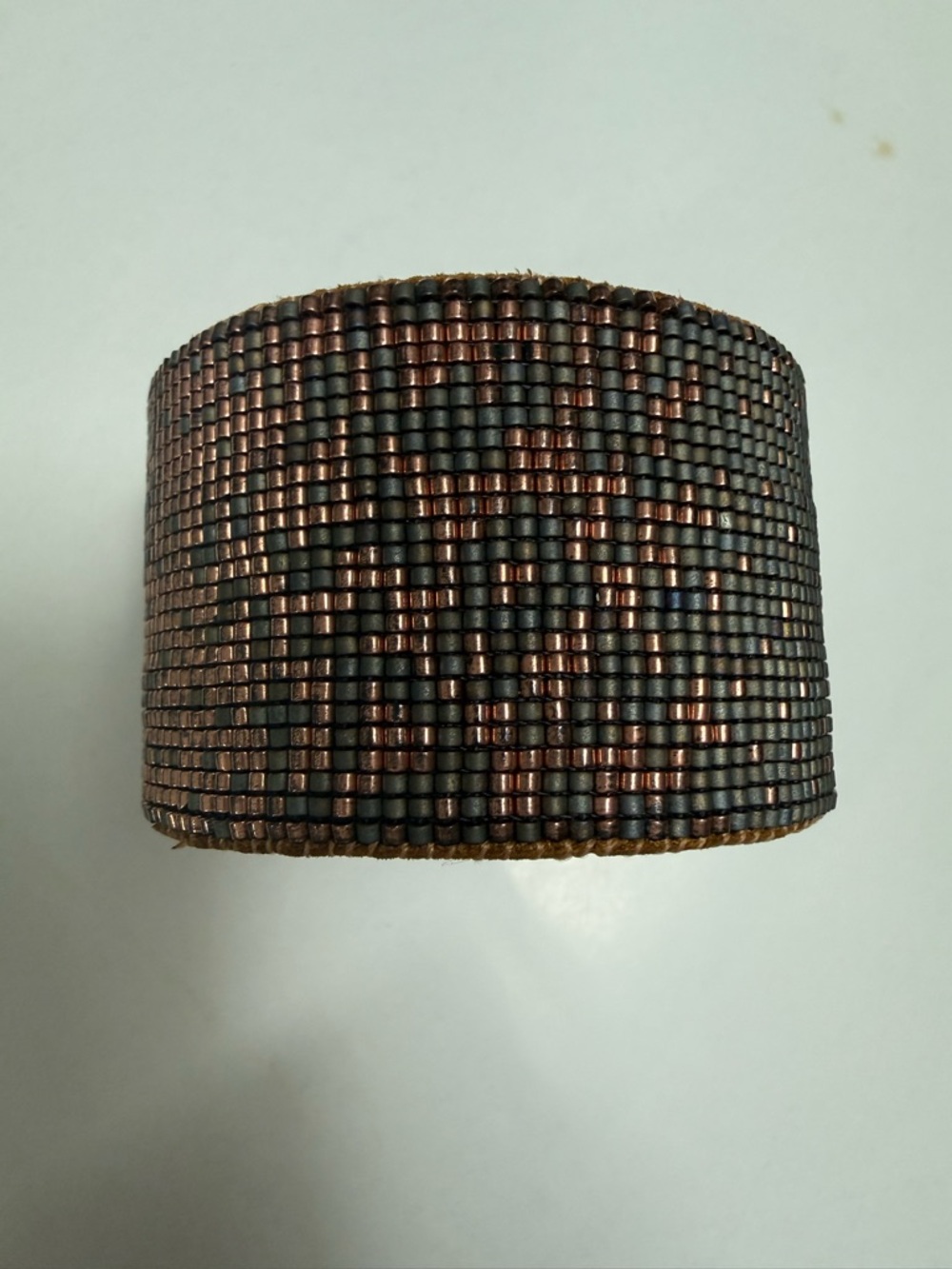 Wide Seed Bead Leather Cuff Bracelet | Copper & Black | Artisan Statement Cuff